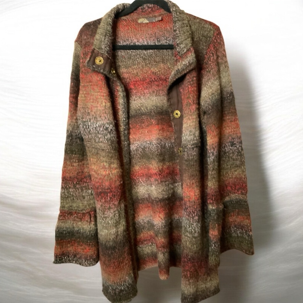 J1-  Prana Size Large Earthy Tones Women's Cardigan Snap Button